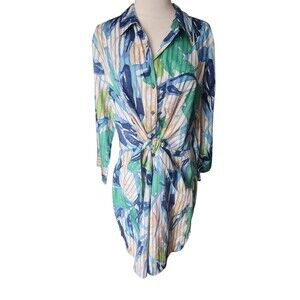 Nic + Zoe Preppy Shirt Dress Womens XL Green Scribbles Vines Tie Waist Coastal